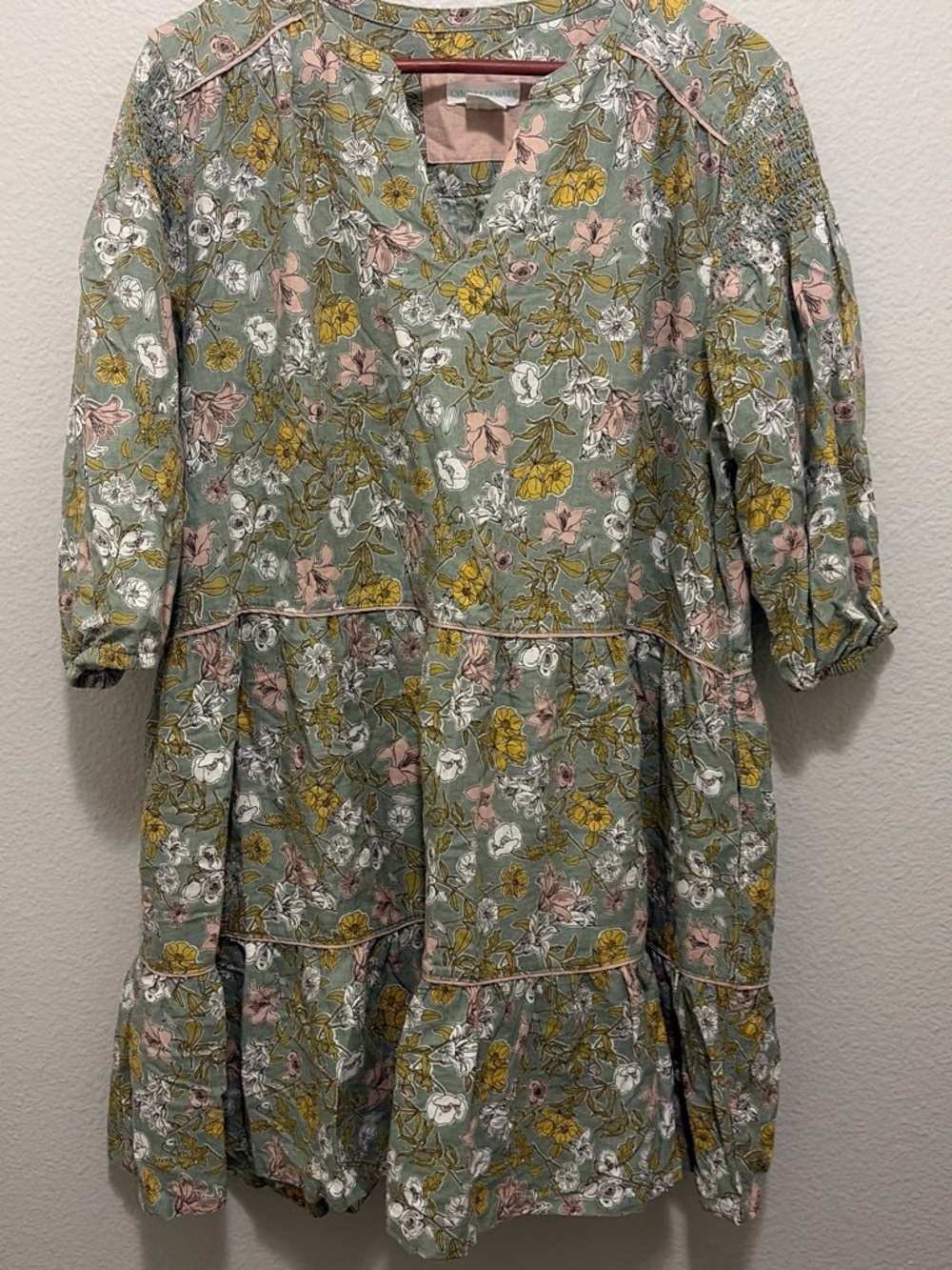 Cynthia Rowley Sage Green Floral Tiered Dress with Pink & Mustard
